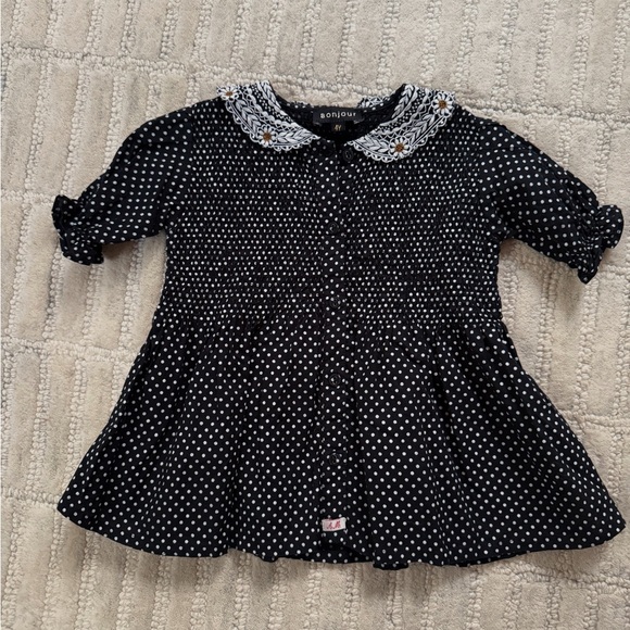 Bonjour Diary Black Polka Dot Dress with Embroidered Collar - Picture 1 of 1